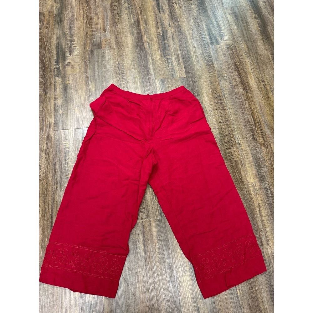 Laura Scott Pants Women Size 14 Red Wide Leg Mid Rise Elastic Waist Linen